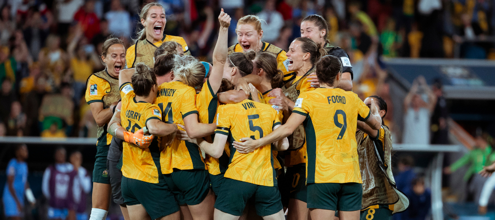 The Australian women's soccer team, Matildas huddling together to celebrate 