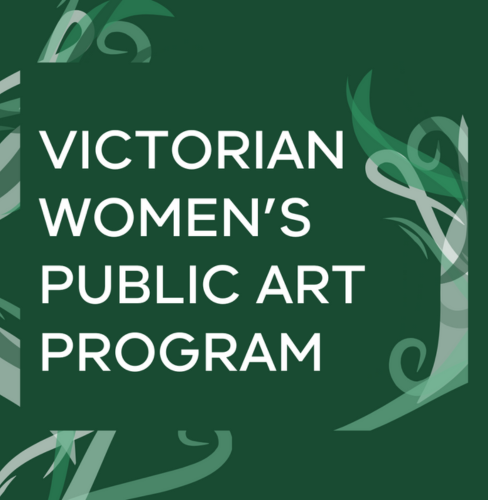 Victorian Women's Public Art Program with a green background and white detailing 